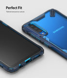 Galaxy A50 Case | Fusion-X - Blue translucent protective case on a Samsung phone showing precise camera and port cutouts.