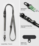 Holder Link & Snap Hook Lanyard Strap - Detailed views of a striped polyester lanyard, zinc swivel hook, and holder link.