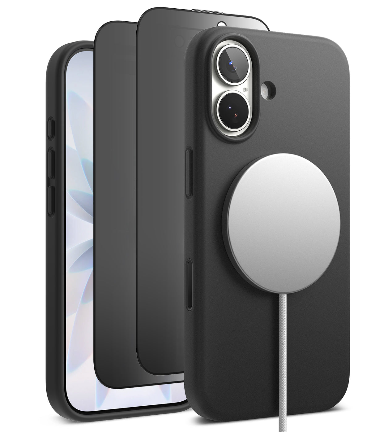 [Bundle] iPhone 17 | Silicone Magnetic - Black silicone case with magnetic charger attached, screen protector, and phone.