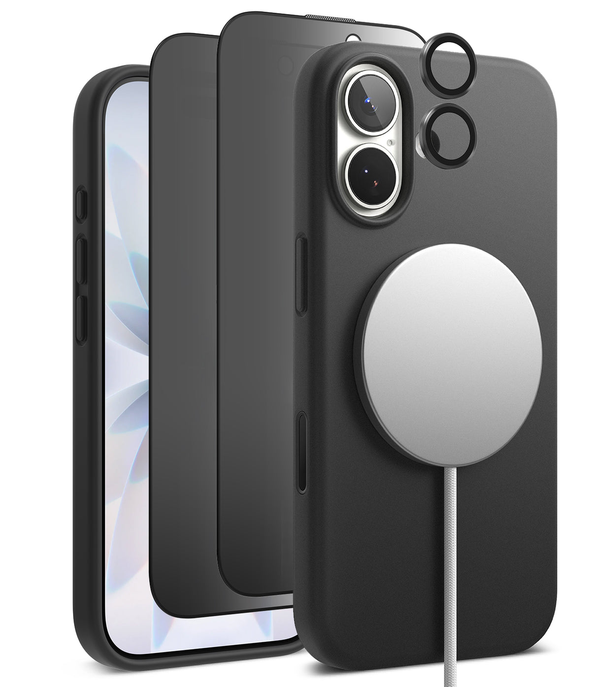 [Bundle] iPhone 17 | Silicone Magnetic - Black silicone case with MagSafe charger, screen protector, and lens rings.