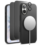 [Bundle] iPhone 17 | Silicone Magnetic - Black silicone case with MagSafe charger, screen protector, and lens rings.