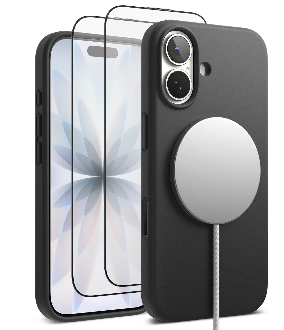 [Bundle] iPhone 17 | Silicone Magnetic - Black silicone case with magnetic charger and two screen protectors.