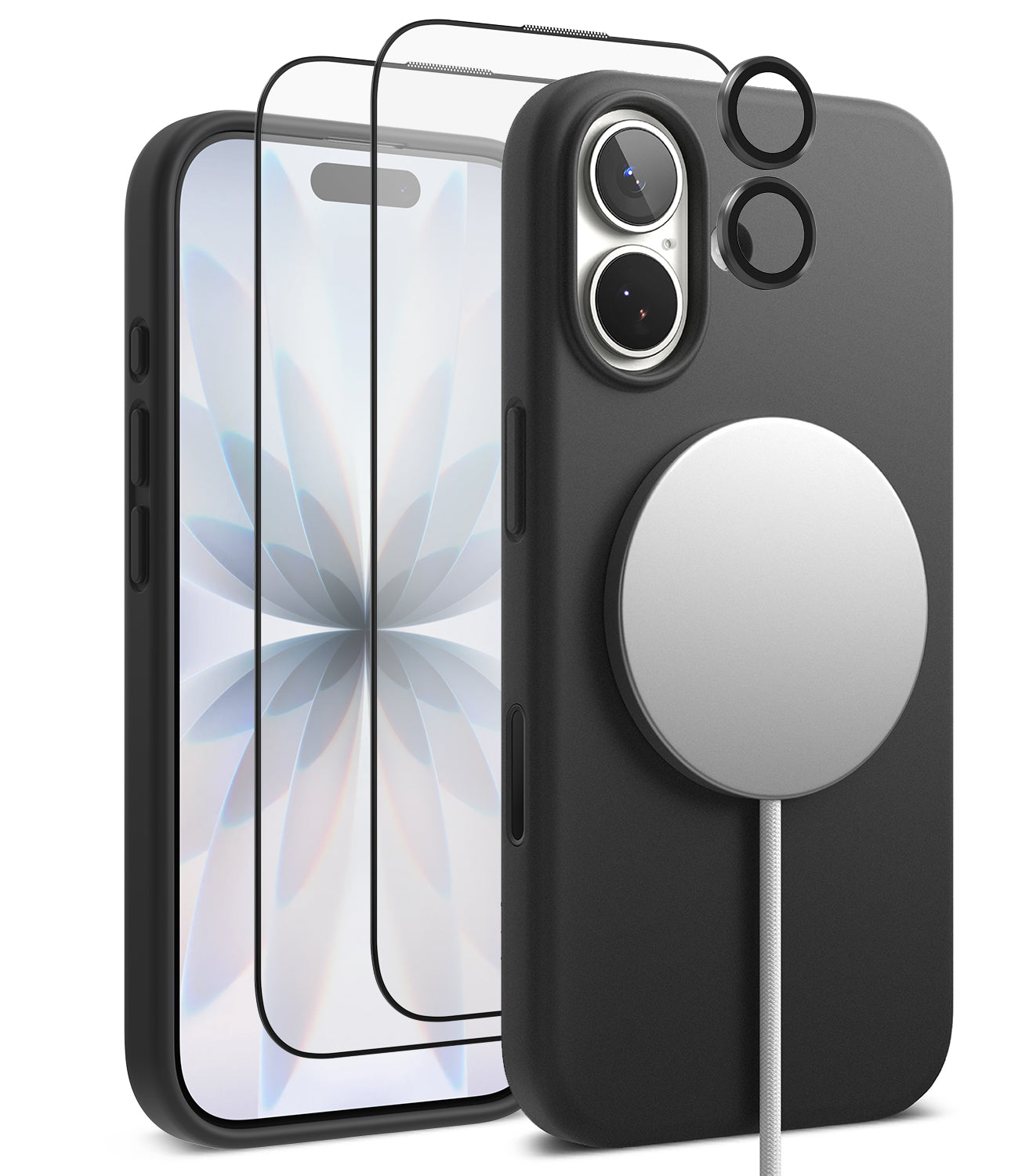 [Bundle] iPhone 17 | Silicone Magnetic - Black silicone case with MagSafe charger, screen protector, and lens rings.