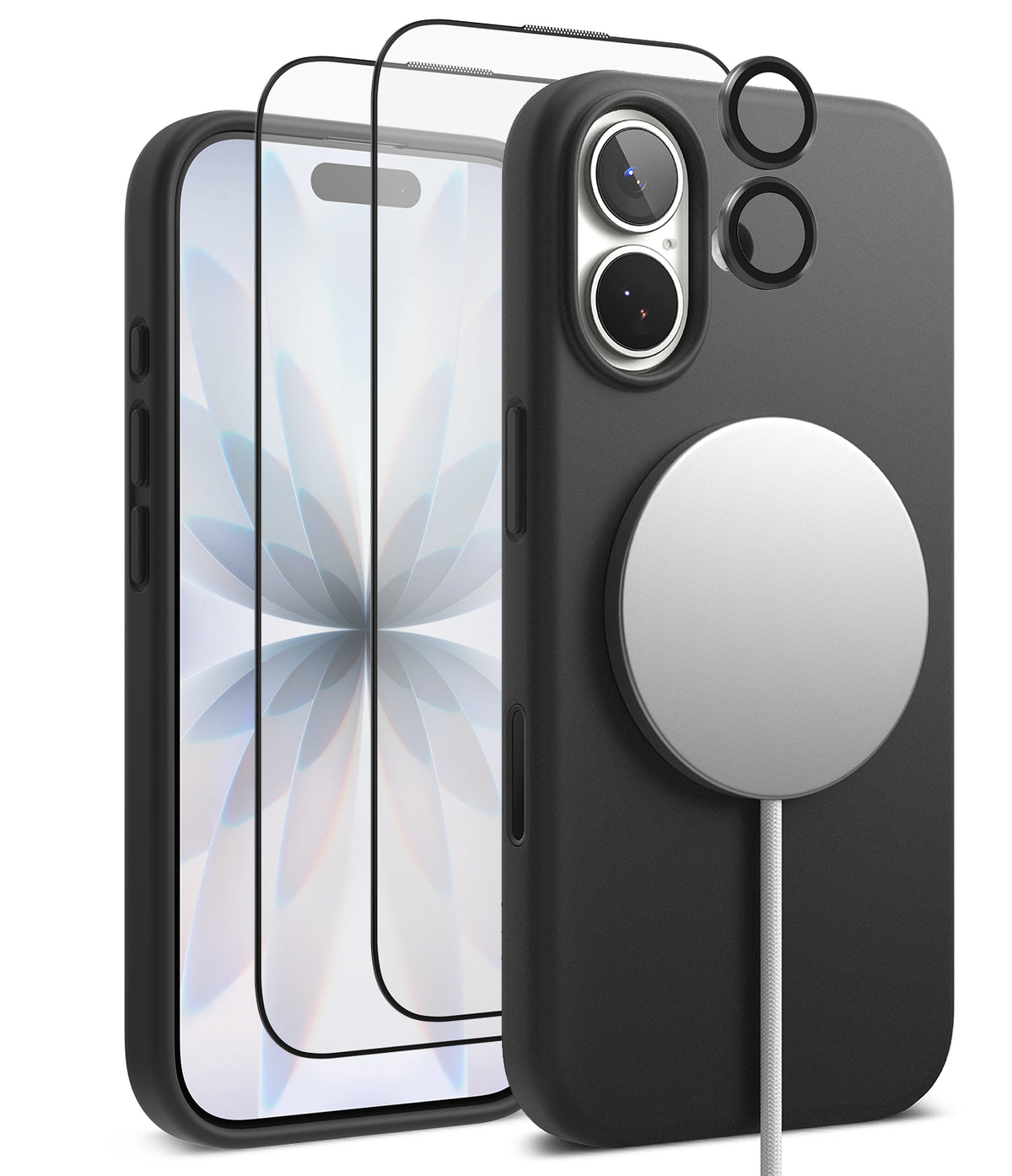 [Bundle] iPhone 17 | Silicone Magnetic - Black silicone case with MagSafe charger, screen protector, and lens rings.