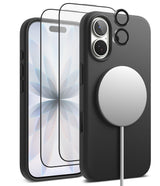 [Bundle] iPhone 17 | Silicone Magnetic - Black silicone case with MagSafe charger, screen protector, and lens rings.