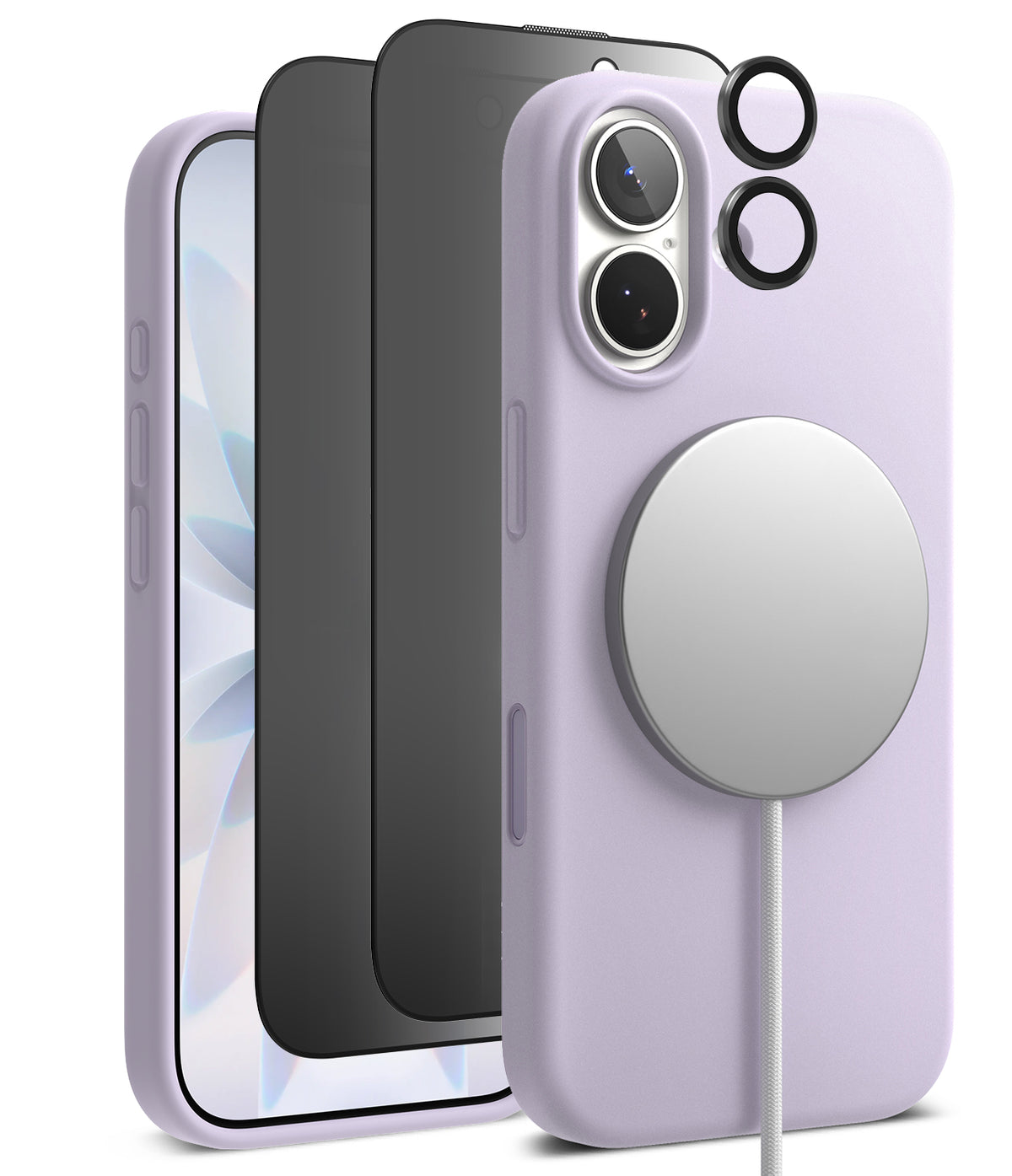 [Bundle] iPhone 17 | Silicone Magnetic - iPhone 17 | Silicone Magnetic - Lavender silicone case with MagSafe charger, screen protector, and lens rings for iPhone.