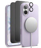 [Bundle] iPhone 17 | Silicone Magnetic - iPhone 17 | Silicone Magnetic - Lavender silicone case with MagSafe charger, screen protector, and lens rings for iPhone.