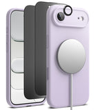 [Bundle] iPhone Air | Silicone Magnetic - Exploded view of a lavender iPhone case, screen protector, and magnetic charger.