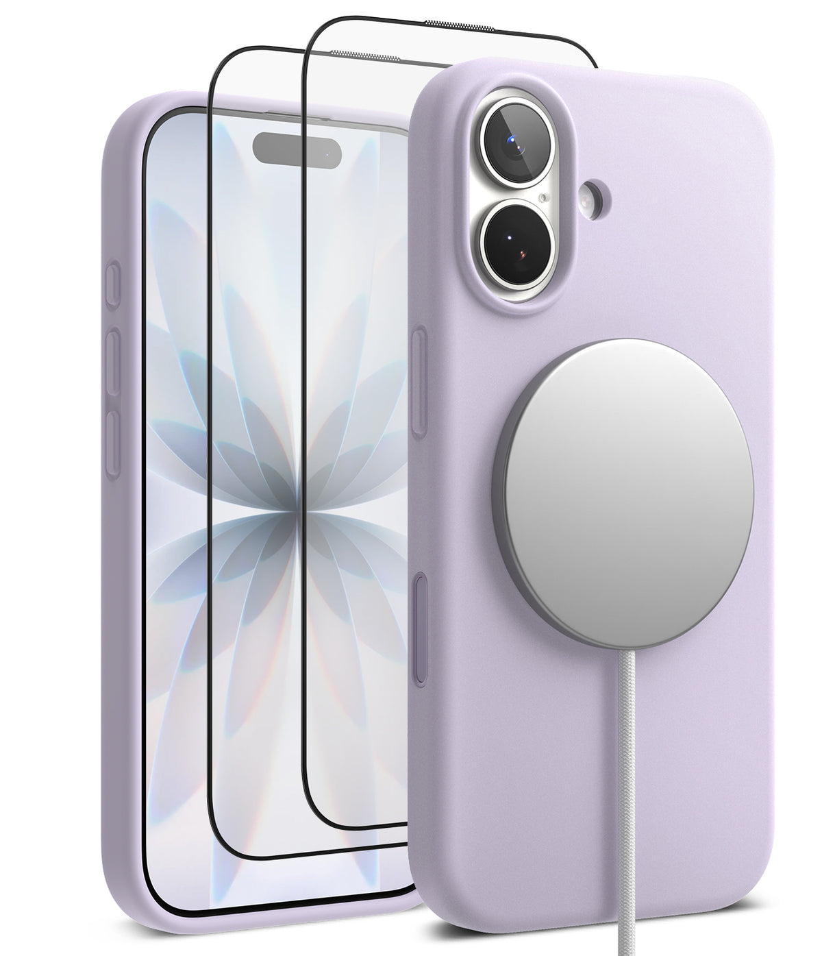 [Bundle] iPhone 17 | Silicone Magnetic - Lavender silicone iPhone case with magnetic charger and two screen protectors.