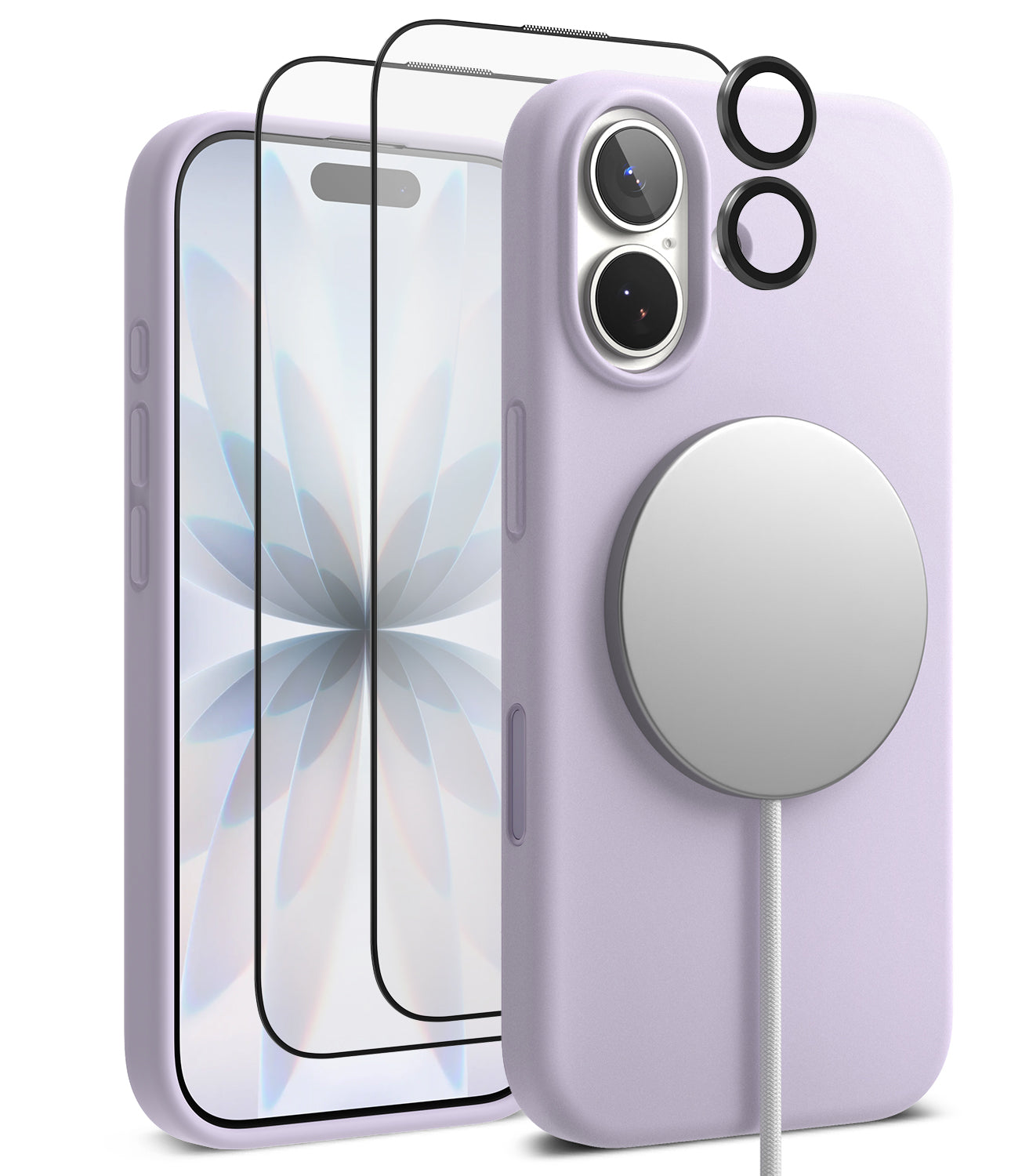 [Bundle] iPhone 17 | Silicone Magnetic - Lavender silicone case, screen protectors, lens rings, and magnetic charger.