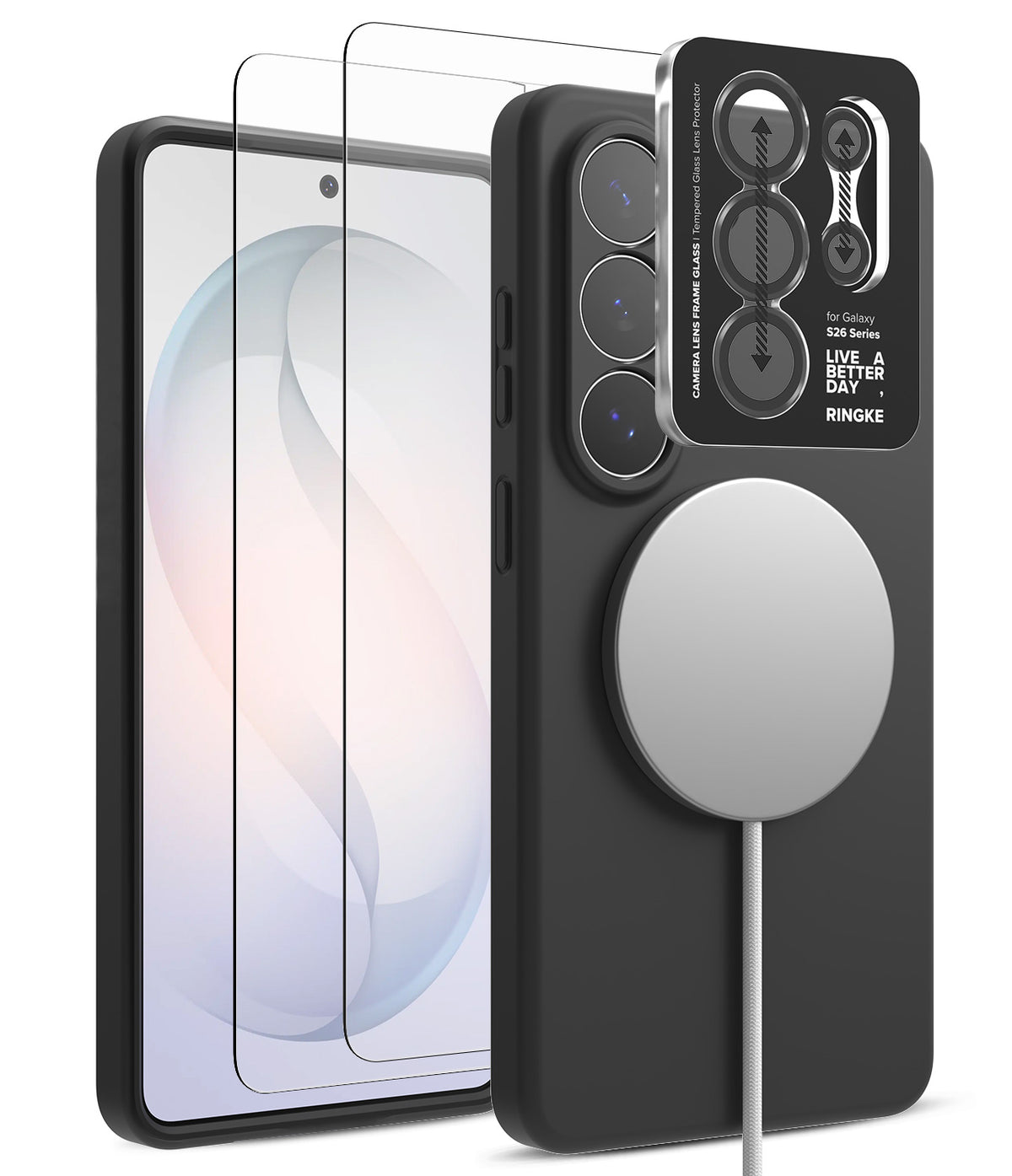 [Bundle] Galaxy S26 Ultra | Silicone Magnetic - Galaxy S26 Ultra | Silicone Magnetic - Black phone case with magnetic charger, screen protectors, and camera lens cover.
