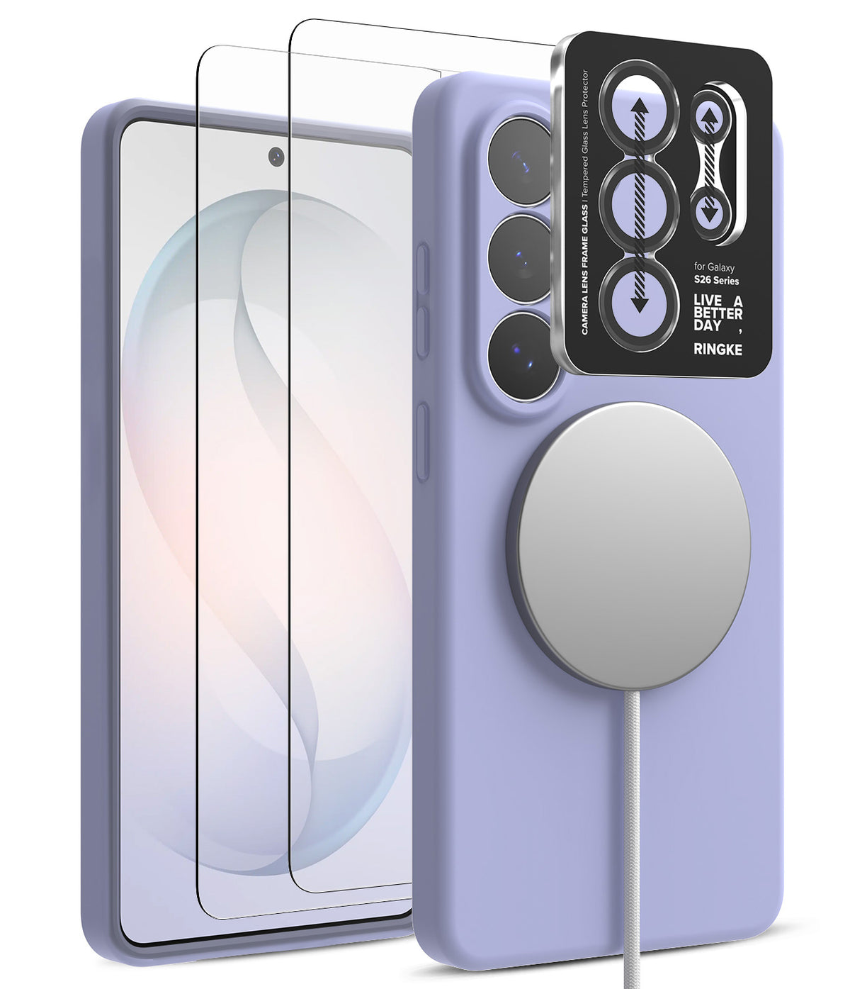 [Bundle] Galaxy S26 Ultra | Silicone Magnetic - Galaxy S26 Ultra | Silicone Magnetic - Lavender phone case with magnetic charger, screen protector, and lens cover.