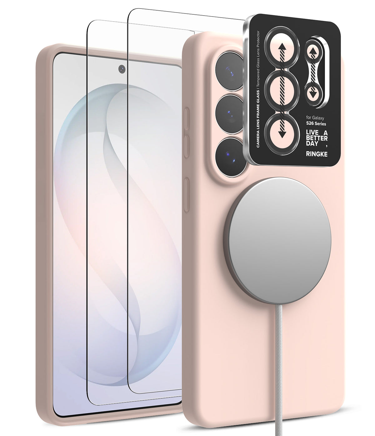 [Bundle] Galaxy S26 Ultra | Silicone Magnetic - Pink silicone case with magnetic charger, screen protector, and lens cover.