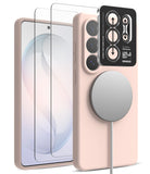 [Bundle] Galaxy S26 Ultra | Silicone Magnetic - Pink silicone case with magnetic charger, screen protector, and lens cover.