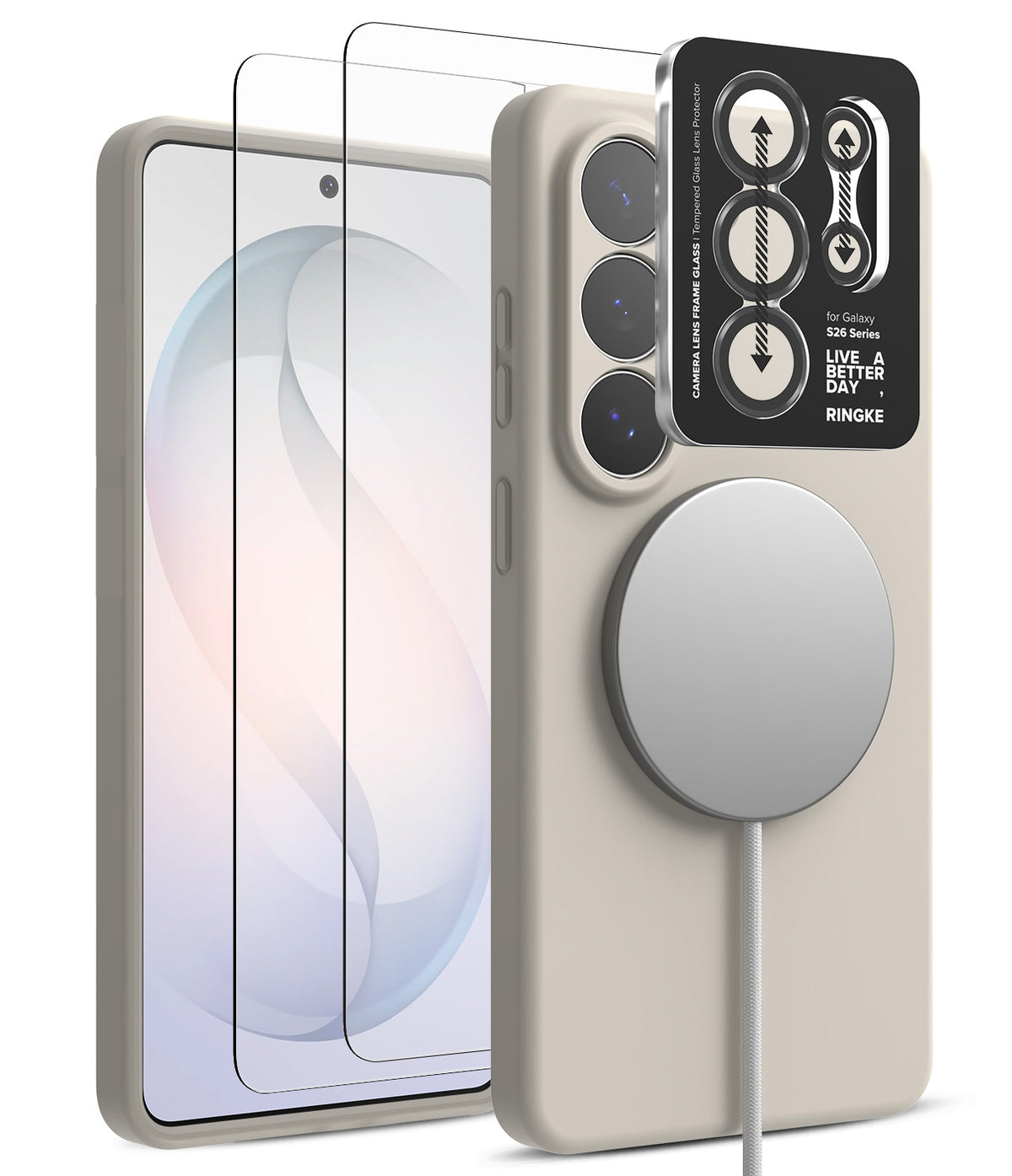[Bundle] Galaxy S26 Ultra | Silicone Magnetic - Warm gray phone case with magnetic charger and camera lens protector.