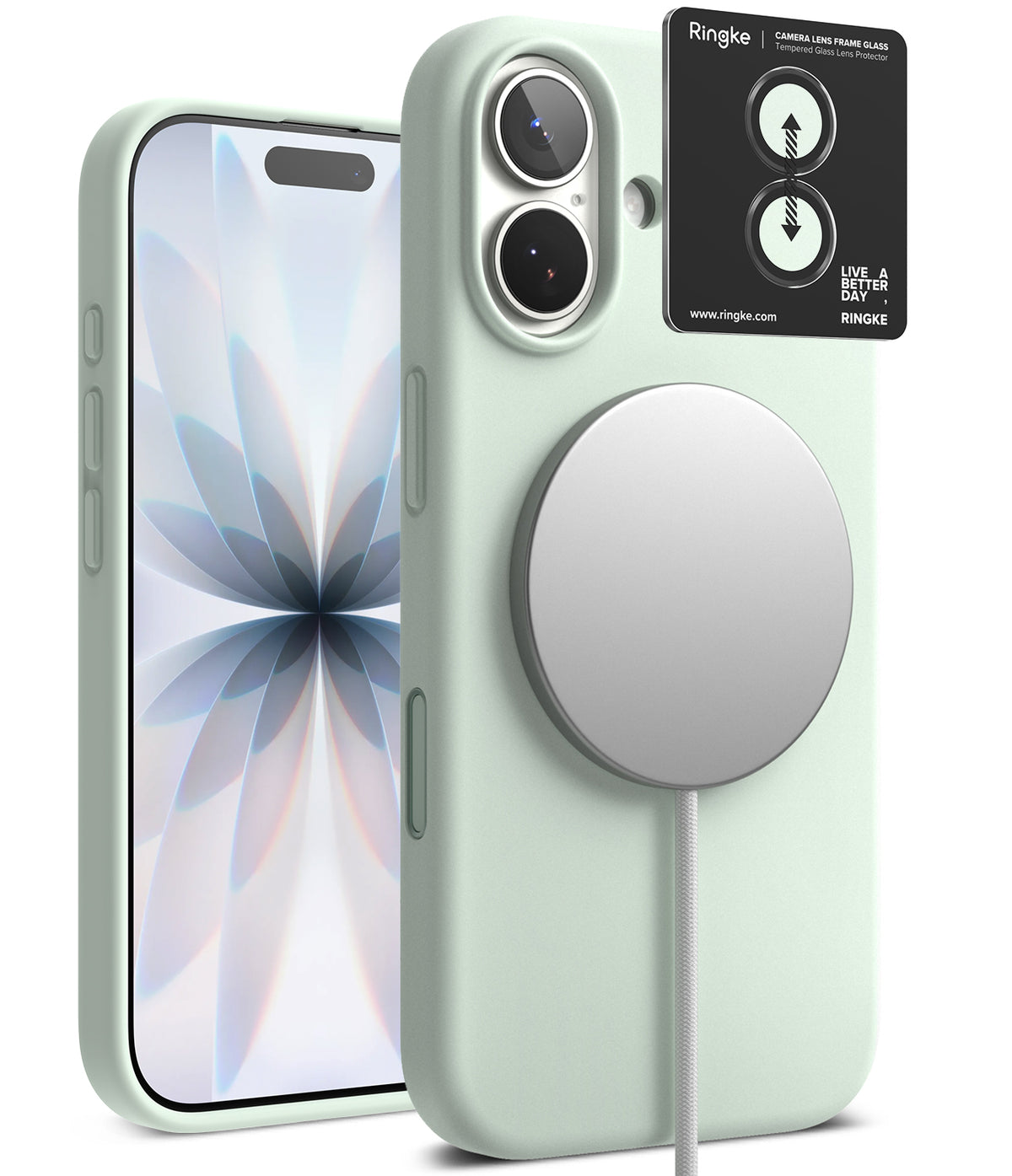 [Bundle] iPhone 17 | Silicone Magnetic - iPhone 17 | Silicone Magnetic - Mint green iPhone case with magnetic charger and camera lens protector packaging.