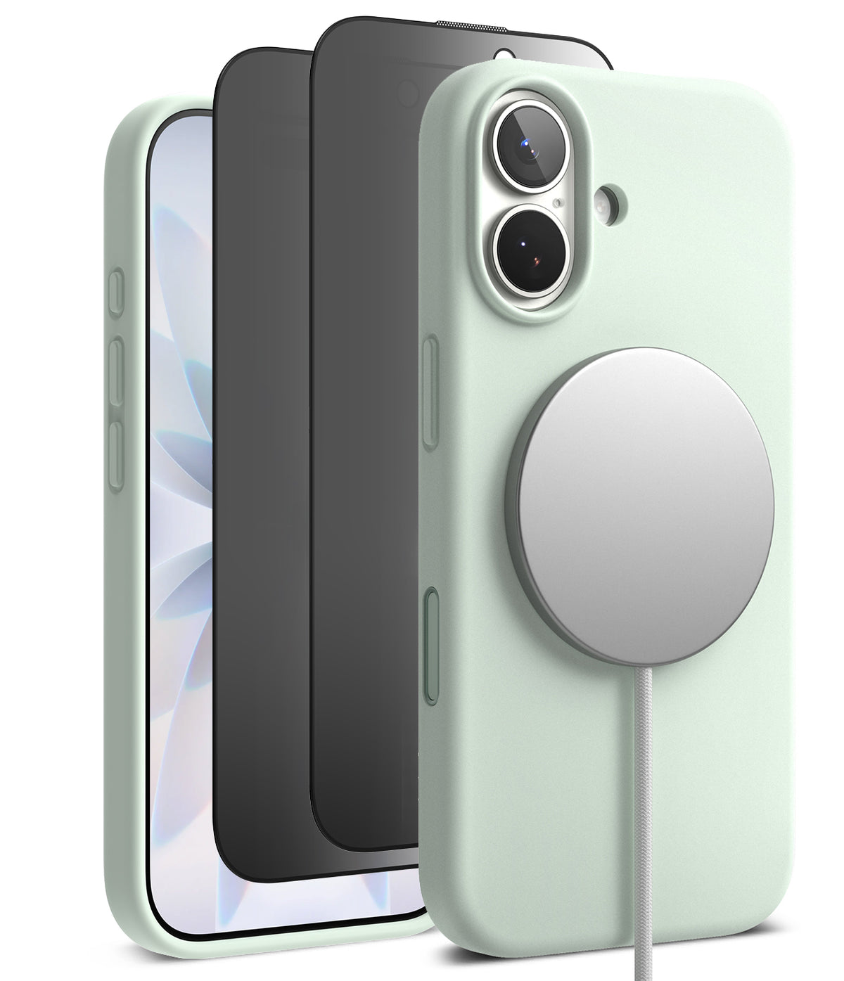 [Bundle] iPhone 17 | Silicone Magnetic - Mint green iPhone case with magnetic charger attached and screen protector.