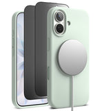 [Bundle] iPhone 17 | Silicone Magnetic - Mint green iPhone case with magnetic charger attached and screen protector.