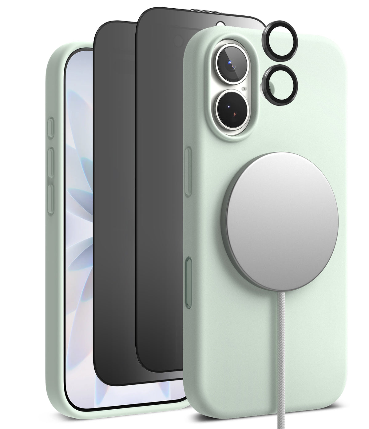 [Bundle] iPhone 17 | Silicone Magnetic - Mint green iPhone case with MagSafe charger, screen protector, and lens rings.