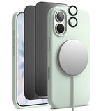 [Bundle] iPhone 17 | Silicone Magnetic - Mint green iPhone case with MagSafe charger, screen protector, and lens rings.