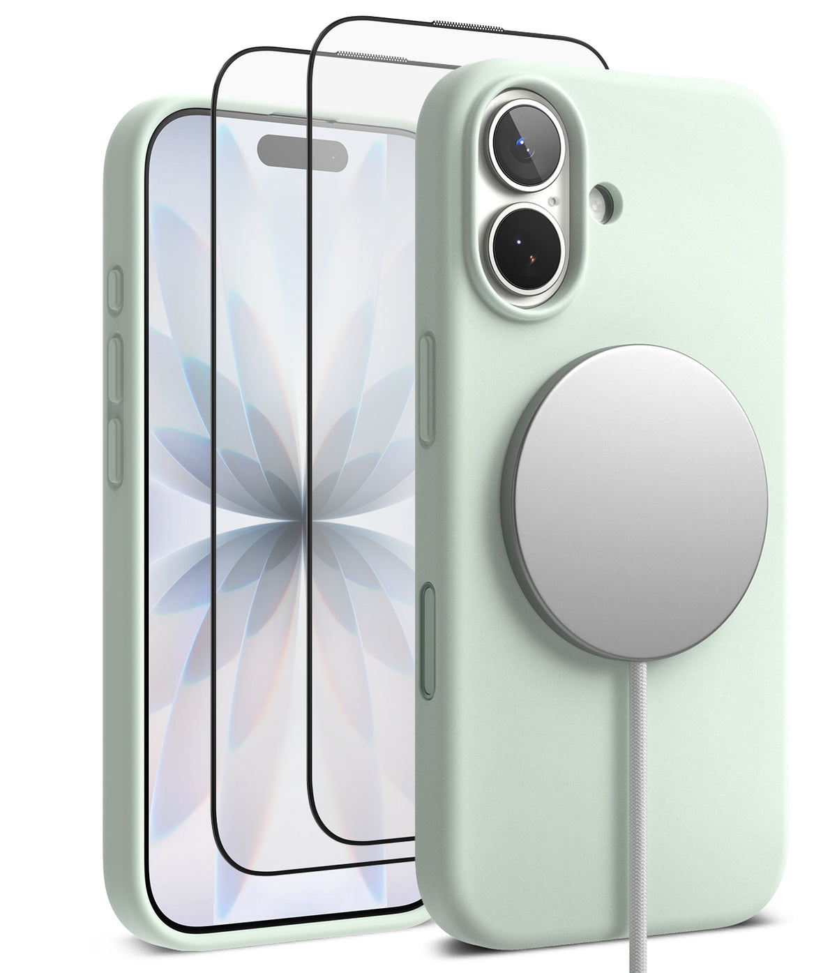 [Bundle] iPhone 17 | Silicone Magnetic - Mint green silicone case with magnetic charger and two screen protectors.