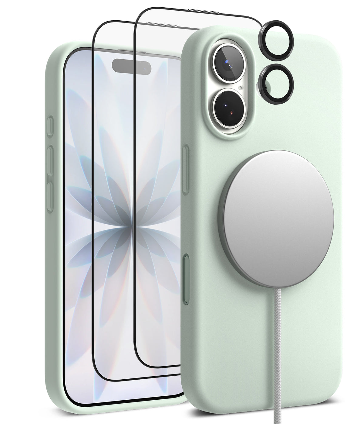 [Bundle] iPhone 17 | Silicone Magnetic - Mint green iPhone case with MagSafe charger, screen protector, and lens covers.