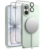 [Bundle] iPhone 17 | Silicone Magnetic - Mint green iPhone case with MagSafe charger, screen protector, and lens covers.