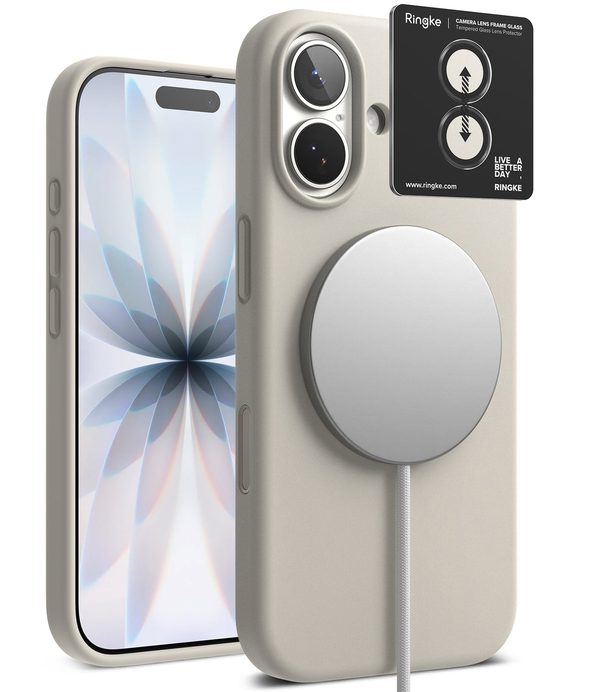 [Bundle] iPhone 17 | Silicone Magnetic - Beige silicone iPhone case with magnetic charger and camera lens protector.