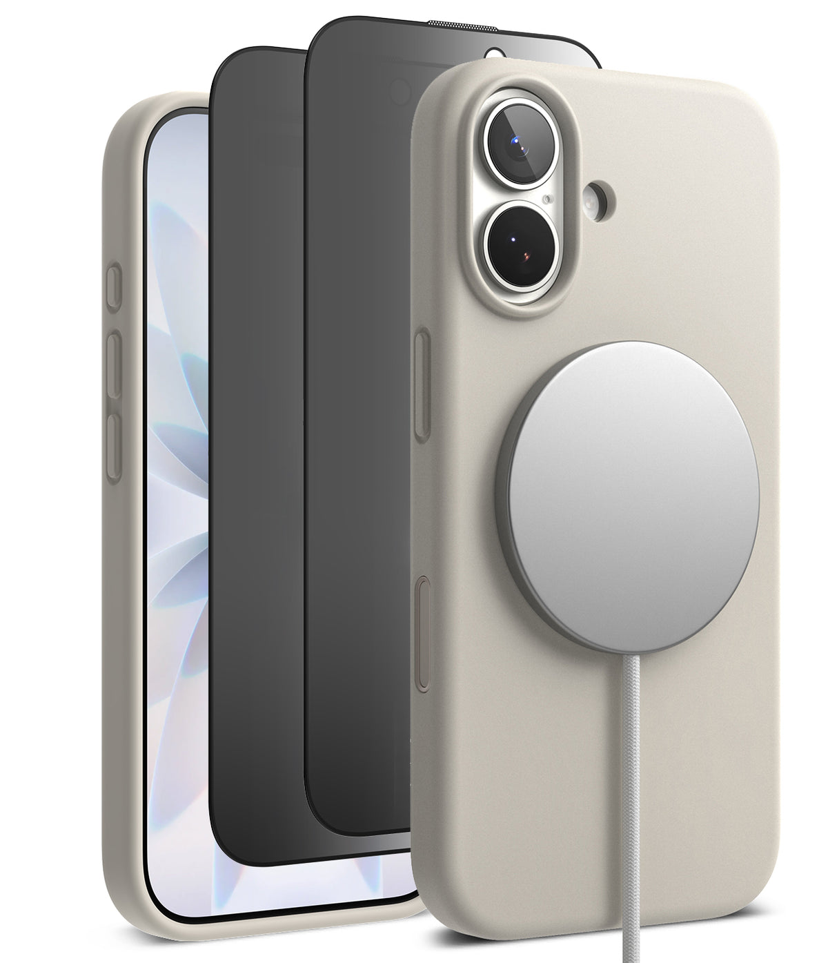 [Bundle] iPhone 17 | Silicone Magnetic - Beige silicone case with magnetic charger attached, screen protector, and phone.