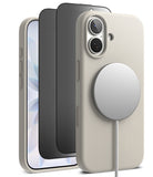 [Bundle] iPhone 17 | Silicone Magnetic - Beige silicone case with magnetic charger attached, screen protector, and phone.