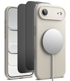 [Bundle] iPhone Air | Silicone Magnetic - Beige silicone phone case with magnetic charger attached and screen protectors.