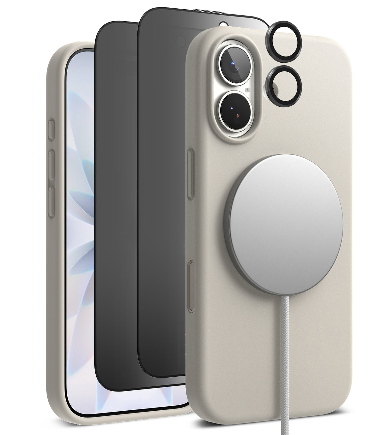 [Bundle] iPhone 17 | Silicone Magnetic - Beige silicone case with MagSafe charger, screen protector, and lens rings.