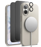 [Bundle] iPhone 17 | Silicone Magnetic - Beige silicone case with MagSafe charger, screen protector, and lens rings.
