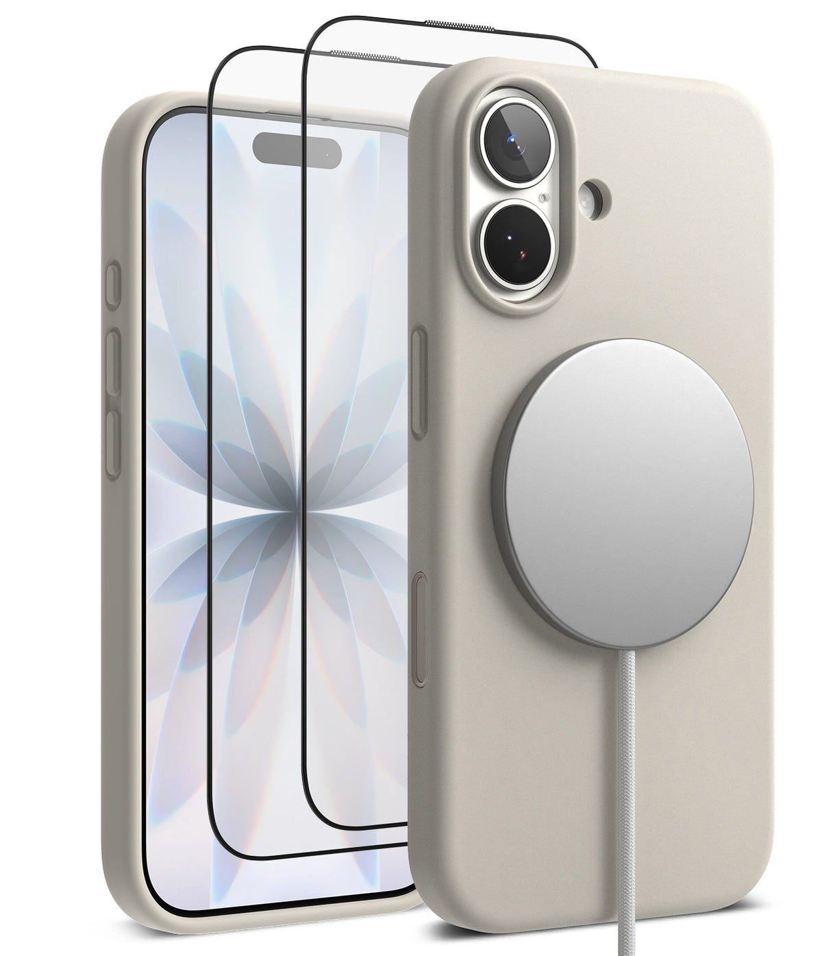 [Bundle] iPhone 17 | Silicone Magnetic - Beige silicone case with MagSafe charger and two screen protectors.