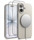 [Bundle] iPhone 17 | Silicone Magnetic - Beige silicone case with MagSafe charger and two screen protectors.