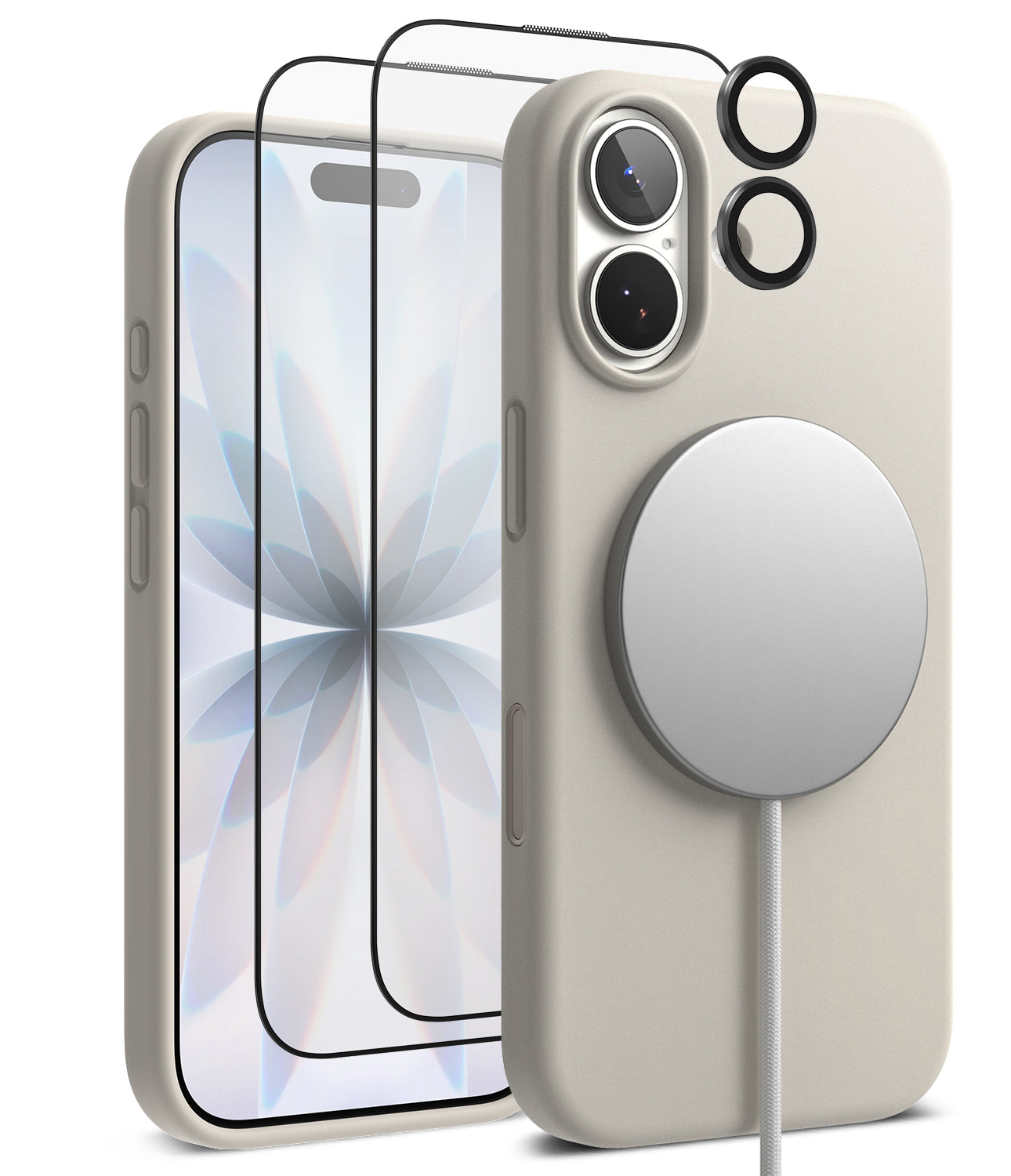 [Bundle] iPhone 17 | Silicone Magnetic - Beige silicone case, screen protector, and magnetic charger for iPhone 17.
