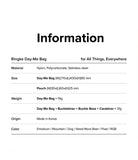 Day-Me Bag - A table listing material, size, weight, origin, and color options for the Ringke Day-Me Bag.