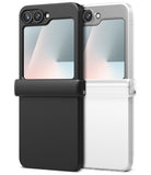 Galaxy Z Flip 7 FE Case | Slim Hinge - Two Galaxy Z Flip phones in black and clear cases with slim hinge protection.