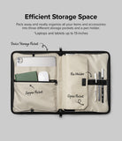 Pad Pouch | Smart Zip Pouch - Open black organizer pouch showing tablet, notebook, mouse, and pens in labeled storage pockets.