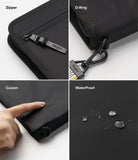 Pad Pouch | Smart Zip Pouch - Four-panel view showing zipper, D-ring, cushioned texture, and waterproof fabric with water beads.