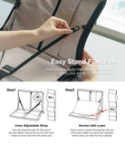 Pad Pouch | Smart Zip Pouch - Hands adjusting a strap to set up a tablet stand, with diagrams showing strap and pen anchor steps.