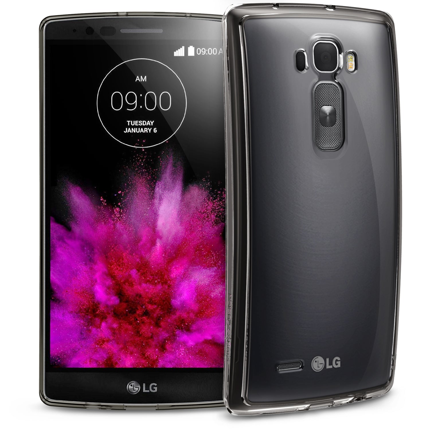 LG G Flex 2 Case | Fusion - Front and back view of a curved LG smartphone in a transparent smoke black protective case.
