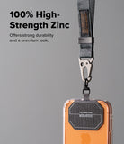 Holder Link Tactical Webbing Hand Strap - Zinc alloy carabiner connecting a gray tactical strap to a phone case patch.