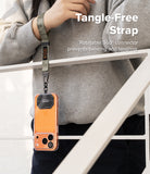 Holder Link Tactical Webbing Hand Strap - Olive green tactical wrist strap attached to an orange phone case via a 360° swivel.