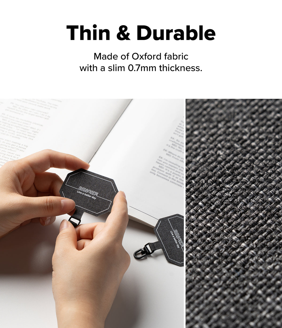 Holder Link Tactical Webbing Hand Strap - A product informational collage showing a slim black hexagonal card with a metal clip, text reading 'Thin & Durable' and 'Made of Oxford fabric with a slim 0.7mm thickness,' plus a close-up of the fabric texture and hands holding the card over an open book.
