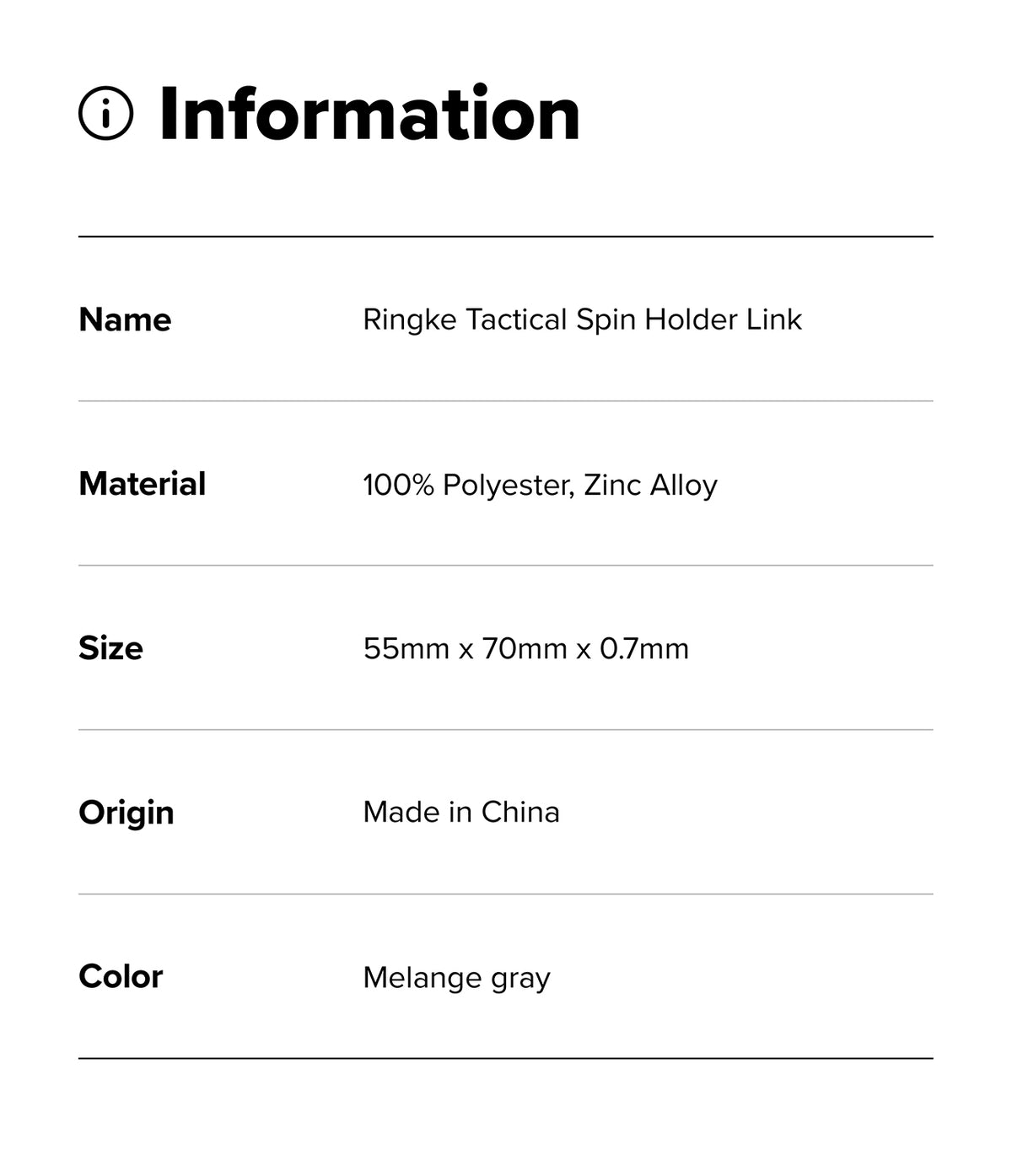 Holder Link Tactical Webbing Hand Strap - A product information card with a black-and-white layout. The header reads 'Information' with an info icon, and the table lists the product name as Ringke Tactical Spin Holder Link, material as 100% Polyester, Zinc Alloy, size as 55mm x 70mm x 0.