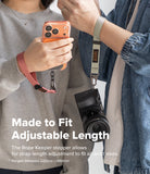 Holder Link Tactical Webbing Hand Strap - Two people holding a phone and a camera, each wearing a rope-style wrist strap with a black clip. Large text reads 'Made to Fit Adjustable Length' with smaller explanatory text below, on a light gray background.