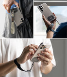 Holder Link Tactical Webbing Hand Strap - Three views of a phone case with a tactical webbing wrist strap attached.