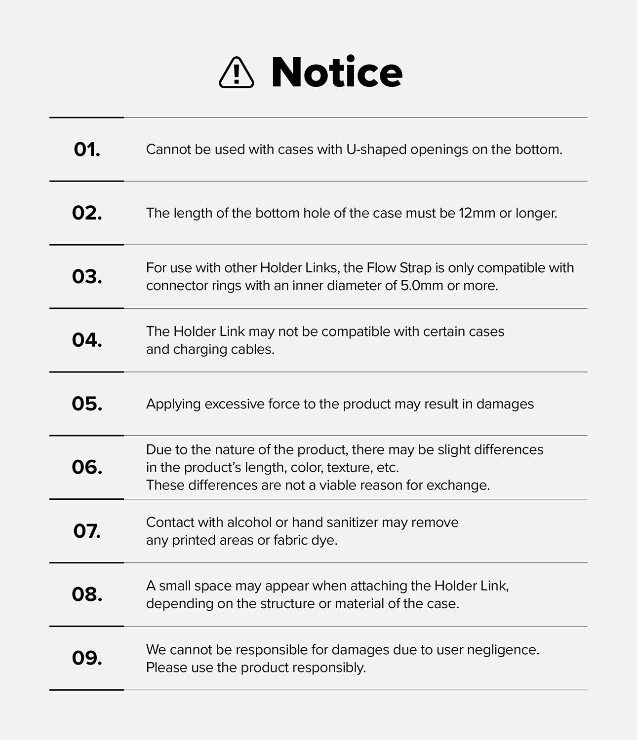 Holder Link Tactical Webbing Hand Strap - A numbered list of nine compatibility and usage notices for the product.