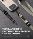 Holder Link Tactical Webbing Lanyard Strap - Black and beige tactical lanyards with metal clips attached to a phone.